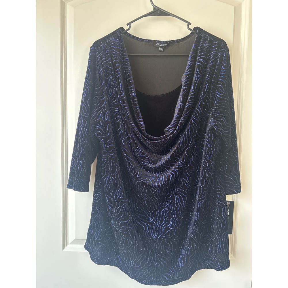 Notations Woman 3X Blue Glitter Velvet Cowl Neck Tunic Top 3/4 Sleeve WVTF0002